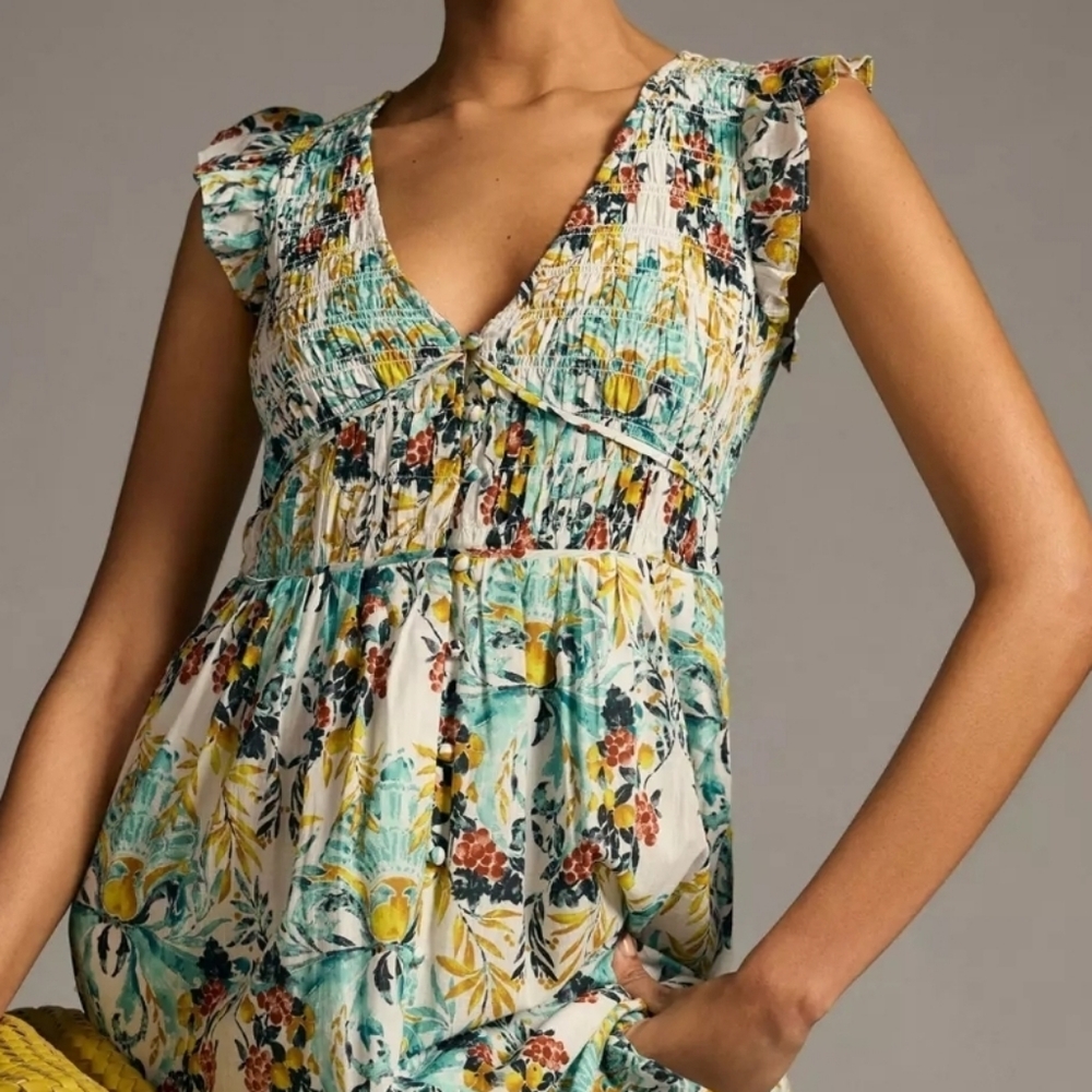 Anthropologie Yellow and Blue Floral Fall Midi Dress - Picture 2 of 4